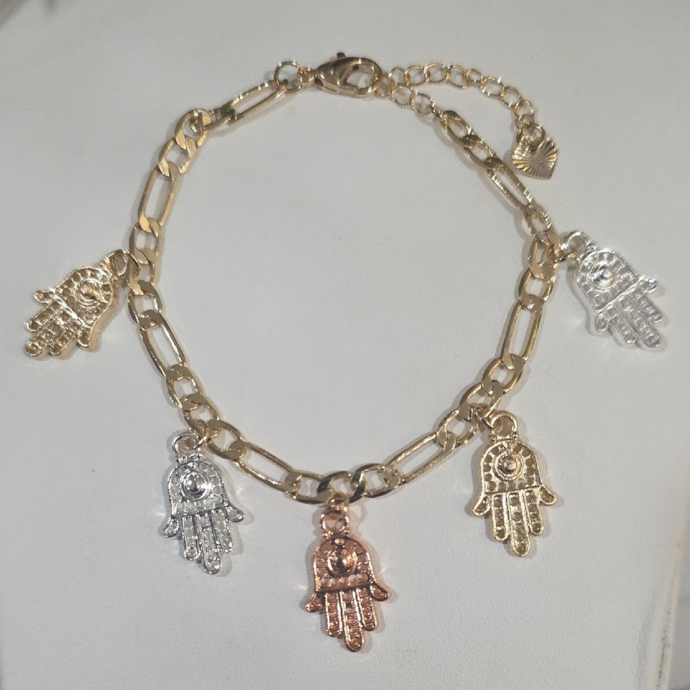 14k Gold Plated Multi Color Hamsa Charm Bracelet